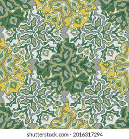 Modern floral seamless pattern in bright summer positive colors. Mandala medallion fluid petals ornament. Exotic floral seamless pattern. Kaleidoscope scrapbook design. Tribal motifs.