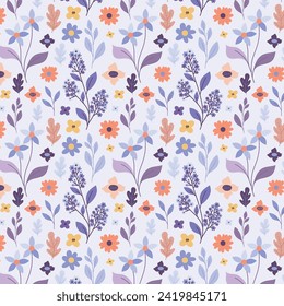 Modernes, nahtloses Muster mit Blumen. Frische romantische Wildblumen-Muster auf hellgrauem Hintergrund. Frühlingsblumen Muster. Blumendruck, violett- und orangefarben