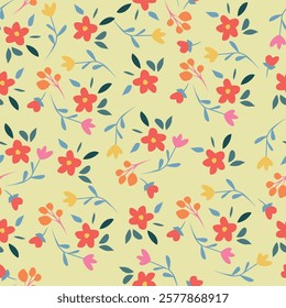Modern floral seamless pattern. Cute romantic wildflowers pattern on light grey background. Spring flowers pattern. Ditsy floral print, purple and orange colors