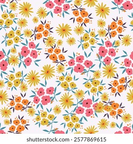 Modern floral seamless pattern. Cute romantic wildflowers pattern on light grey background. Spring flowers pattern. Ditsy floral print, purple and orange colors