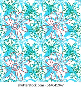 Modern floral seamless pattern with daisy flowers hand drawn in a scribble style. Colorful background for fabric, paper, textile
