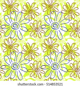 Modern floral seamless pattern with daisy flowers hand drawn in a scribble style. Colorful background for fabric, paper, textile