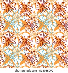 Modern floral seamless pattern with daisy flowers hand drawn in a scribble style. Colorful background for fabric, paper, textile