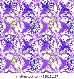Modern floral seamless pattern with daisy flowers hand drawn in a scribble style. Colorful background for fabric, paper, textile