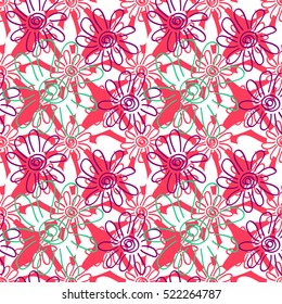 Modern floral seamless pattern with daisy flowers hand drawn in a scribble style. Colorful background for fabric, paper, textile