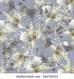 Modern floral seamless pattern. Elegant light background wallpaper illustration with vintage hand drawn white and gold 3d flowers, leaves and decorative stylish ornaments. Luxury vector fabric texture