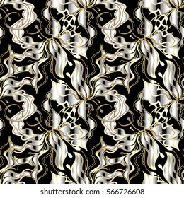 Modern floral seamless pattern. Elegant black background wallpaper illustration with vintage hand drawn white and gold 3d flowers, leaves and decorative flowery ornaments. Luxury vector fabric texture