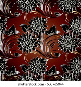 Modern floral seamless pattern. Flowery red background wallpaper illustration with vintage black 3d flowers, swirl leaves, flourish ornaments. Vector floral texture for fabric, textile,cloth,cards.