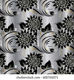 Modern floral seamless pattern. Flowery silver background wallpaper illustration with vintage black 3d flowers, swirl leaves, flourish ornaments. Vector flowers texture for fabric, textile,cloth,cards