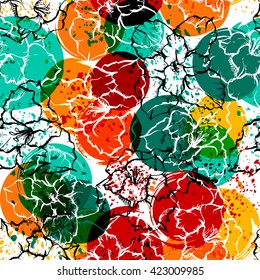 Modern floral seamless pattern with gladioli, spots, blots and splashes of paint.