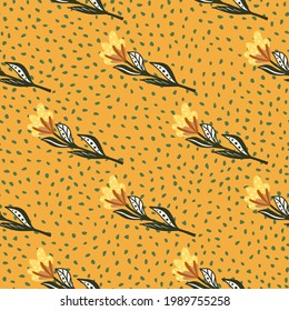 Patrón floral moderno sin fisuras con elementos florales de color verde y amarillo. Fondo con puntos de color naranja. Diseñado para el diseño de tejidos, impresión textil, envoltura, cubierta. Ilustración vectorial.