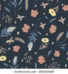 Modern floral seamless pattern. Hand drawn flowers doodles on dark background. Beautiful print design for textile, fabric. Forest botanical backdrop. Trendy multicolored vector illustration template