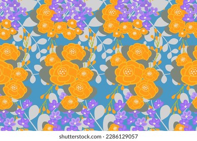 Modern floral seamless pattern hand drawing wild flower meadow vector illustration design for interior textile fabric fashion poppy hydrangea and leaves