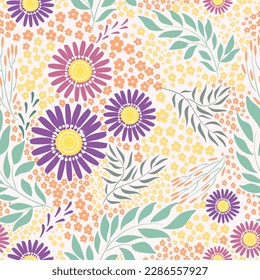 Modern floral seamless pattern hand drawing wild flower meadow vector illustration design for interior textile fabric fashion poppy hydrangea and leaves