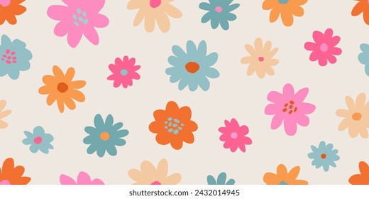 Modern floral seamless pattern with hand drawn brush flowers. Abstract style. Trendy vintage print with daisy.