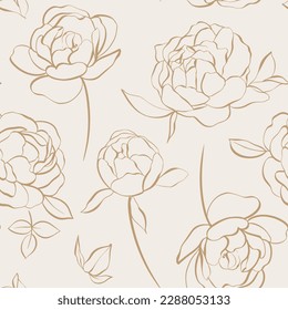 Modern floral seamless pattern with hand-sketched peonies and roses. Elegant botanical vector illustration on soft beige background. 