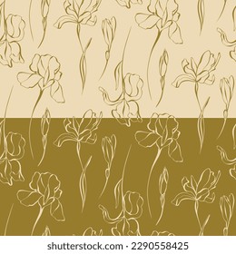 Modern floral seamless pattern with hand-sketched iris flowers. Elegant botanical vector illustration. Iris patterns in earthy tones. 