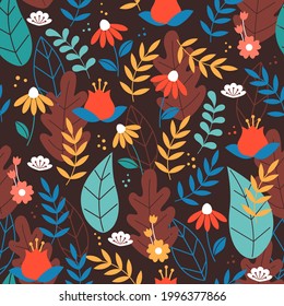Modern floral seamless pattern on dark background. Vector illustration.