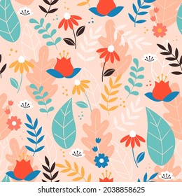 Modern floral seamless pattern on pink background. Vector illustration.