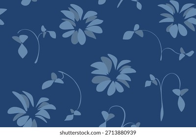 Modernes florales, nahtloses Muster auf blauem Hintergrund. Minimalistische Blütensilhouette. Grafisches Blumendruckdesign.