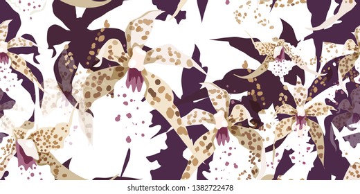 Modern floral seamless pattern with orchids. Sketch of multi-colored flowers on a light background. Hand-drawn vector illustration.