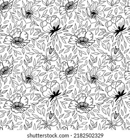 Modern floral  seamless pattern with  peones and anemones. Creative collage with flowers and plants, monochrome artistic botanical illustration. Vector illustration art.