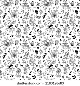 Patrón floral moderno sin fisuras con peones, anémonas, rosas, asadores y hojas. Collage de moda con flores y plantas, vector de fondo floral de lujo. Impresión abstracta floral dibujada a mano.
