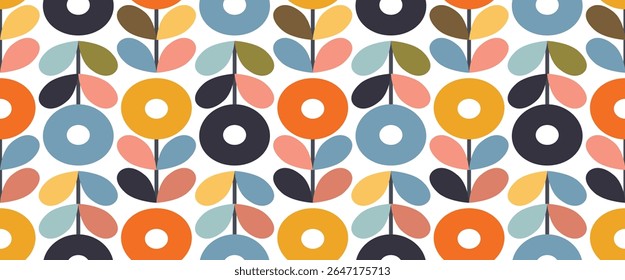 Modern floral seamless pattern with stylized flowers and leaves in retro scandinavian style. Vintage colors shapes with worn out texture