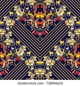 Modern floral seamless pattern. Vector geometric blue background wallpaper with colorful paisley flowers, rhombus, gold ornamental stripes and elegant abstract bright ornament. Luxury rich texture