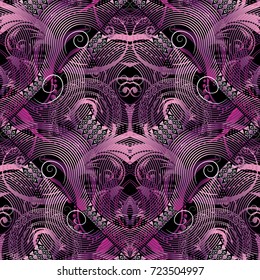 Modern floral seamless pattern. Vector abstract black geometric background wallpaper with violet purple pink geometric shapes, figures, circles, dots, vintage flowers, line art swirl leaves, mandalas.