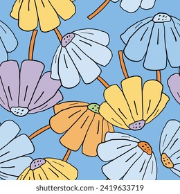 diseño floral moderno sin costura con flores naranja amarillas en el fondo azul 