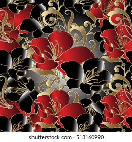 Modern floral seamless pattern.Vector flowers background. Wallpaper pattern.With 3d black and red vintage decorative chinese roses flowers,gold leaves and flowers ornaments.Flowers seamless pattern
