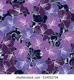 Modern floral seamless pattern.Vector flowers background. Flourish wallpaper pattern.With violet purple blue vintage decorative  flowers, leaves and flowers ornaments.Silver outline. Luxury texture.