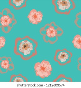 Modern floral seamless vector pattern with hand painted elements.Colorful blush pink flowers float over a turquoise background. Great for textiles, fashion, decor, stationery and graphic design.