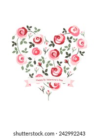Modern floral St. Valentine greeting card. Beautiful heart made of roses.