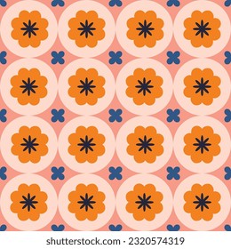 Modern Floral tile pattern in retro style. Simple geometric shapes texture. Decorative mosaic background