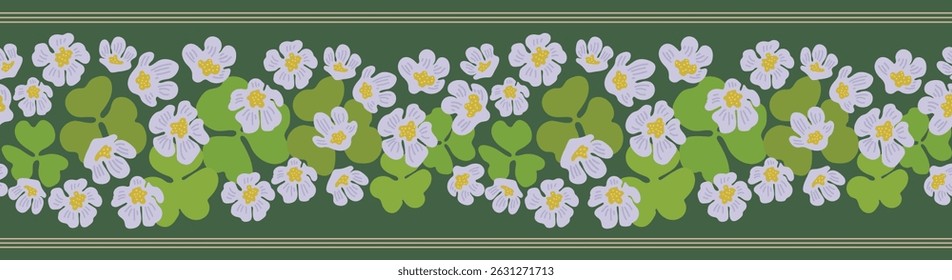 Modern floral trendy banner illustration. Vintage flowers in 70s style on green background. White and blue flowers among three leaflets. Vector ornament for tablecloth or wallpaper.