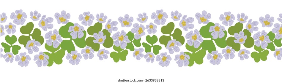 Modern floral trendy banner illustration. Vintage flowers in 70s style on green background. White and blue flowers among three leaflets. Vector ornament for tablecloth or wallpaper.
