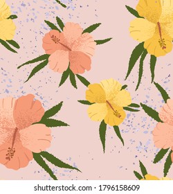 Modern floral, tropical, Hawaiian flowers, seamless pattern. Exotic drawings for fabric, paper, covers, interior decor, vector illustration