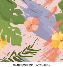 Modern floral, tropical seamless patterns. Exotic drawings for fabric, paper, covers, interior decor, vector illustration
