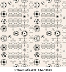 Modern floral vector abstract seamless geometric pattern with flowers, circles, branches in retro scandinavian style. Stylized black flowers and twigs  on beige background.