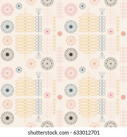 Modern floral vector abstract seamless geometric pattern with flowers, circles, branches in retro scandinavian style. Stylized  flowers and twigs in pastel colors on beige background.