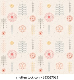 Modern floral vector abstract seamless geometric pattern with flowers, circles, branches in retro scandinavian style. Stylized  flowers and twigs in pastel colors on worn out beige background.