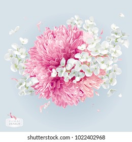 Modern floral vector  art - luxurious Chrysanthemums and Apple blossom round  arrangement in watercolor style for 8 March, wedding, Valentine's Day,  Mother's Day, sales and other events.