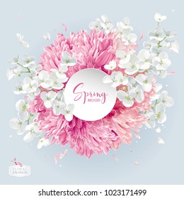 Modern floral vector  art - luxurious Chrysanthemums and Apple blossom arrangement with a round paper label in watercolor style for 8 March, wedding, Valentine's Day,  Mother's Day, sales and other ev