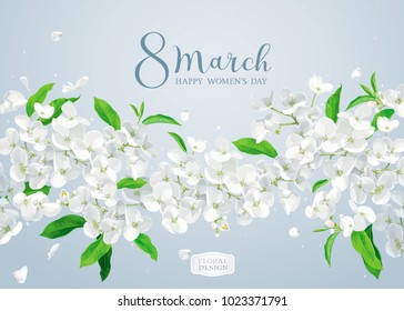 Modern floral vector  art - luxurious spring Apple blossom greeting card  in watercolor style for 8 March, wedding, Valentine's Day,  Mother's Day, sales and other events.