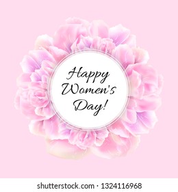Modern floral vector greeting card with pink blossoms for 8 March. Banner for the International Women's Day. Vector illustration