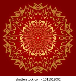 Modern Floral Vector Ornaments. Decorative Flower Mandala. Vector Illustration. Red, gold color.