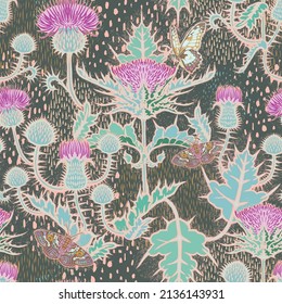 Modern Floral Vector repeat pattern of thistle flowers and moths. Textural layers, many fine details, in classic green and salmon colours. Seamless design for fabric, scrapbook paper, wallpaper etc