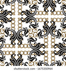 Modern floral vector seamless pattern. Ornamental chains background. Baroque style flowers, leaves. Vintage ornaments. Abstract repeat ornate backdrop. Beautiful patterned design. Endless texture.